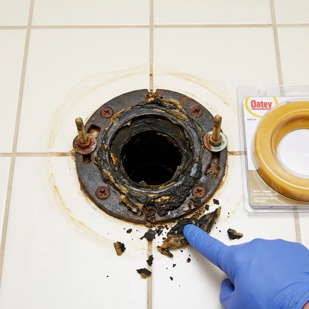 Failed wax ring showing water seepage at the base of a toilet in a Arlington, TX home
