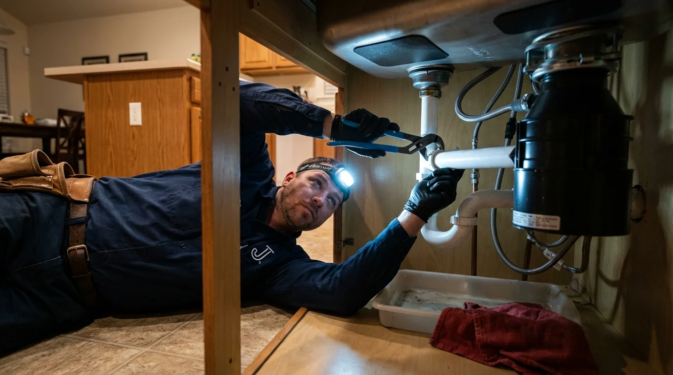 P-trap and supply line connections under a kitchen sink showing a common leak point in Arlington, TX